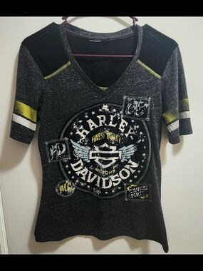 Harley-Davidson Women's Graphic V-Neck Tee - Black & Yellow Accents